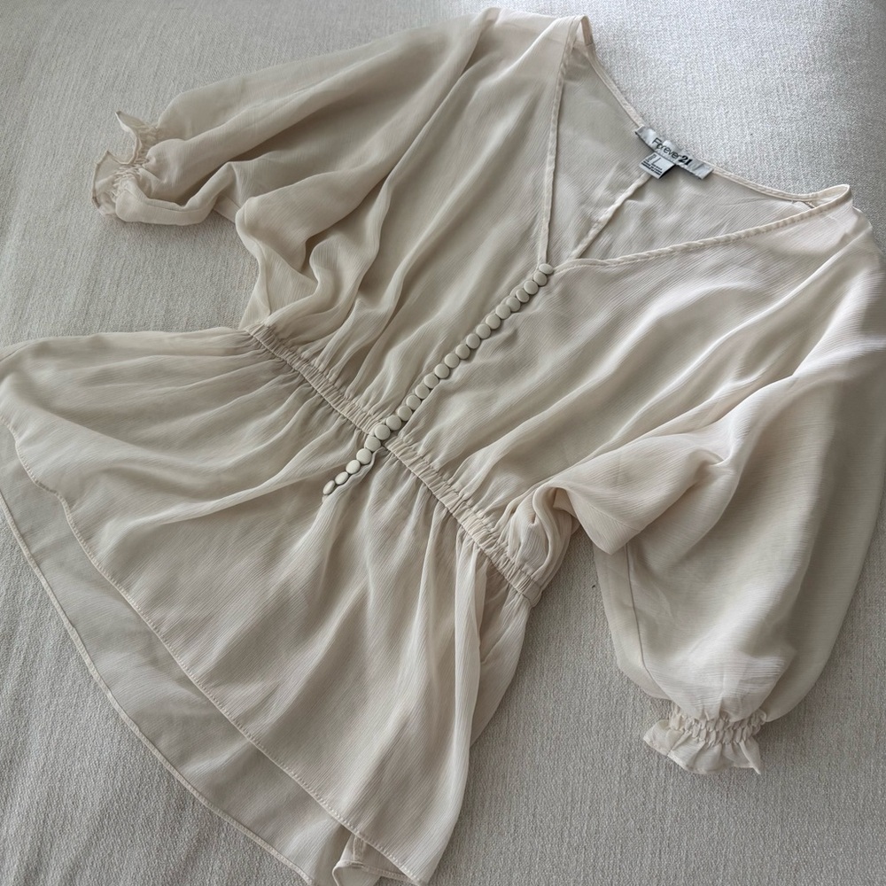 Forever 21 Cream Button-Front Peasant Blouse